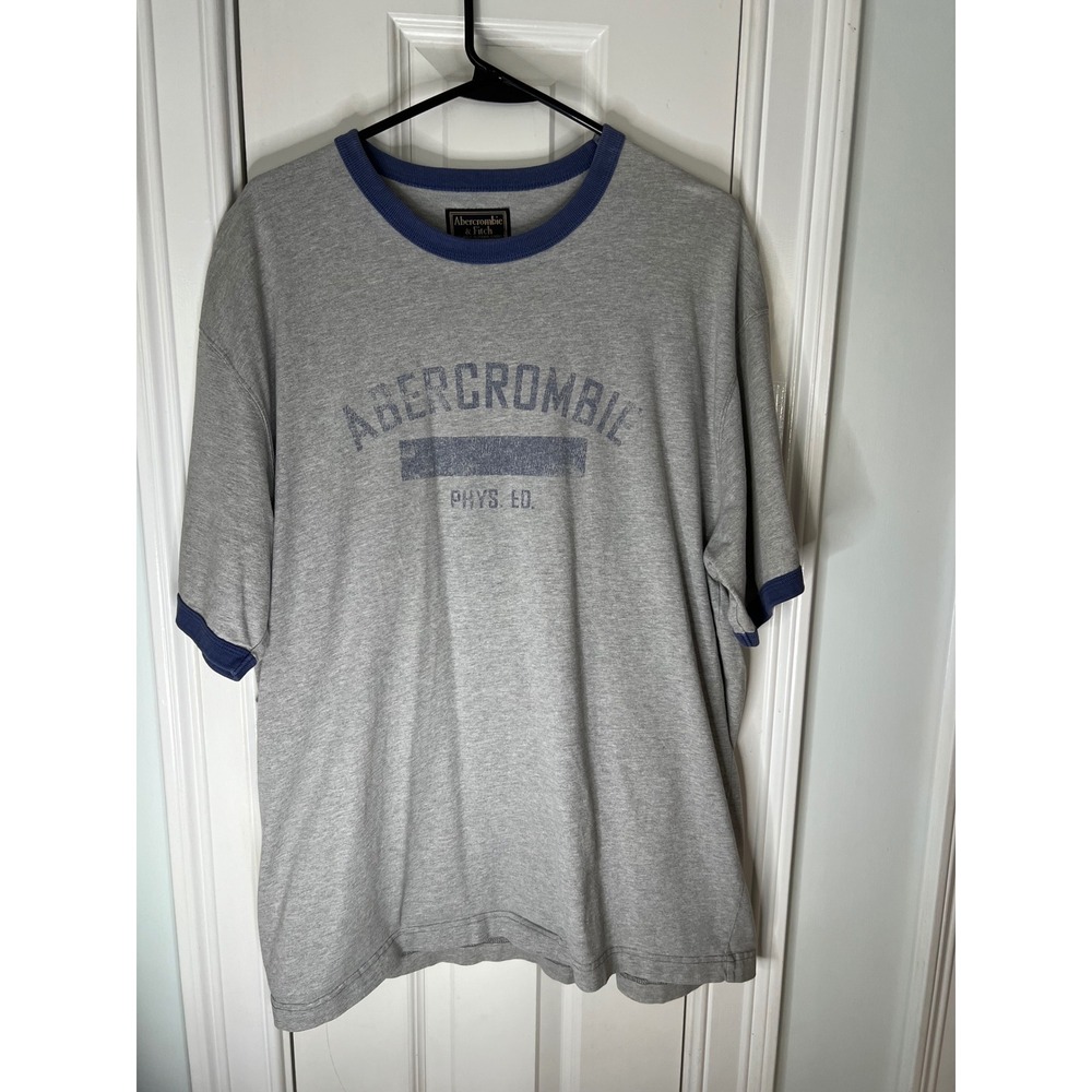 Vintage Abercrombie & Fitch Mens Ringer T-Shirt Gray Navy Phys Ed Graphic Large